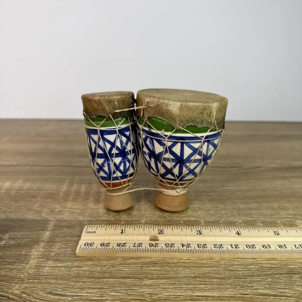 Vintage Hand-Painted Moroccan Tam-Tam Drums – Double Bongos Folk Art Miniature